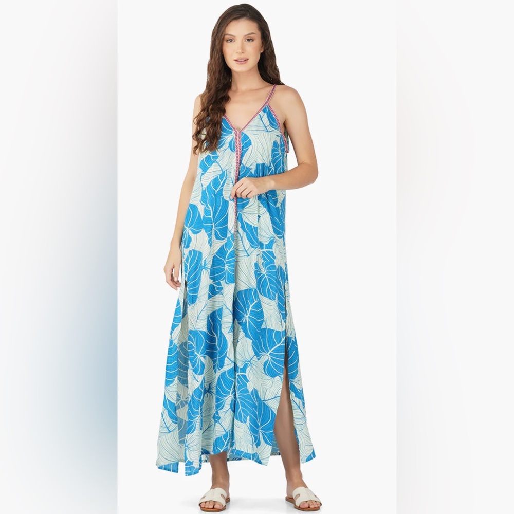 Tropical V Neck Maxi Dress with Side Slits America & Beyond L Large